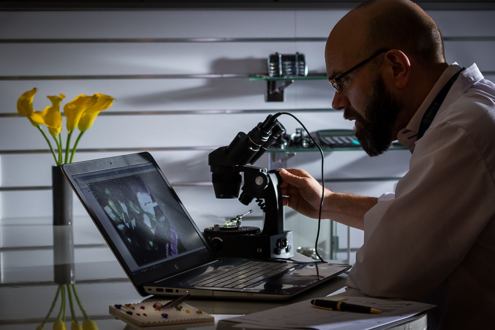 A valuer at the microscope beside a laptop, researching a stone first-hand